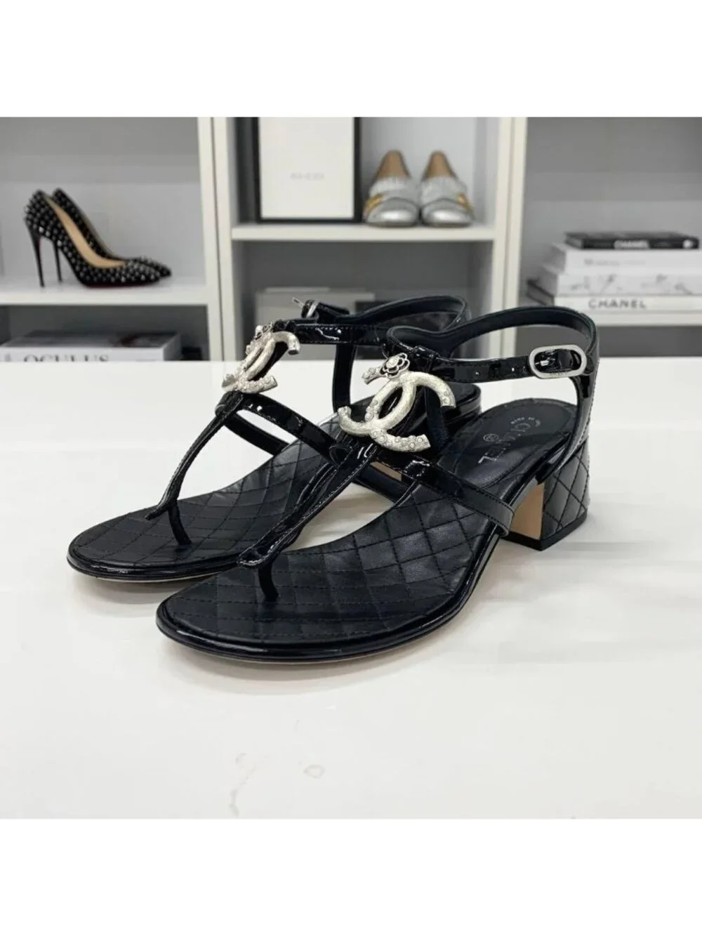 Chanel CC Logo Camellia Patent Strap Thong Sandals Black